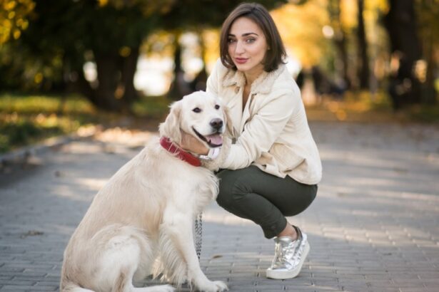 A young woman crouching beside her Golden Retriever on a park pathway in autumn, representing responsible female dog ownership and the importance of spaying and reproductive health care for dogs.
