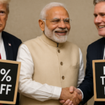 AI-generated image showing figures representing the US, Indian, and UK leaders holding signs reading '50% Tariff' and 'Free Trade Deal', symbolizing India's contrasting trade relationships with the US and UK in the pet food and goods export sector.