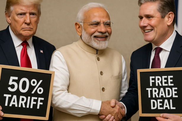 AI-generated image showing figures representing the US, Indian, and UK leaders holding signs reading '50% Tariff' and 'Free Trade Deal', symbolizing India's contrasting trade relationships with the US and UK in the pet food and goods export sector.