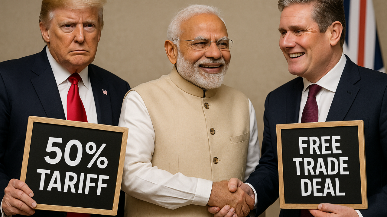 AI-generated image showing figures representing the US, Indian, and UK leaders holding signs reading '50% Tariff' and 'Free Trade Deal', symbolizing India's contrasting trade relationships with the US and UK in the pet food and goods export sector.