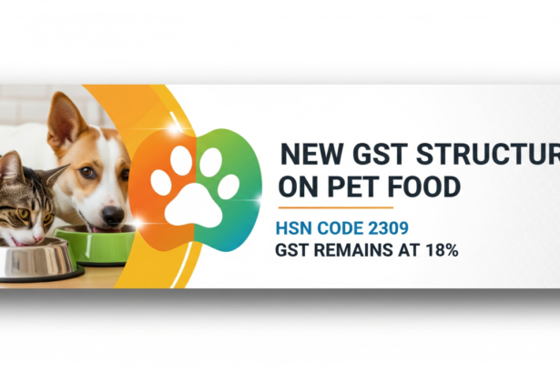 A cat and dog eating from bowls beside text reading 'New GST Structure on Pet Food – HSN Code 2309, GST Remains at 18%'