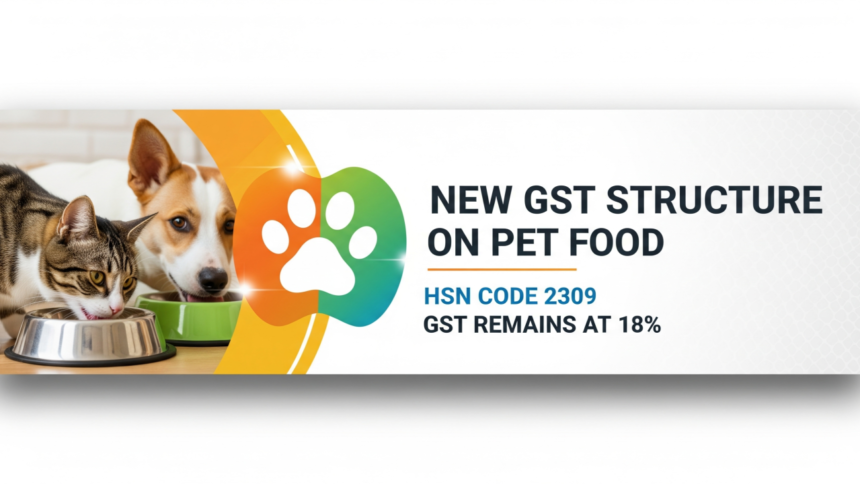 A cat and dog eating from bowls beside text reading 'New GST Structure on Pet Food – HSN Code 2309, GST Remains at 18%'