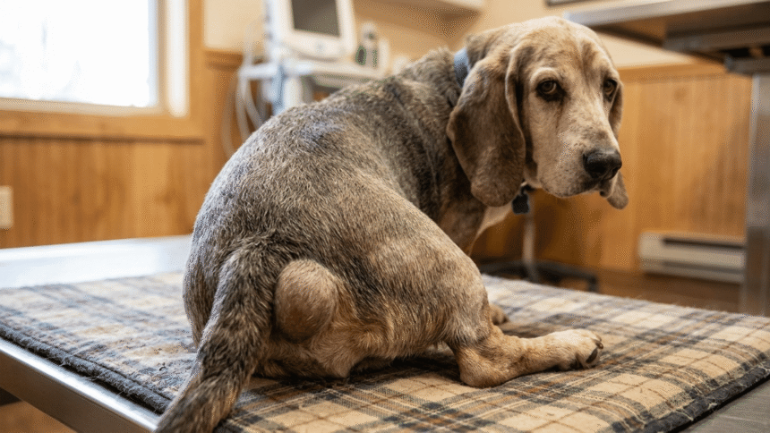 An older, brindled hound-style dog sits on a patterned exam table in a veterinary clinic. The dog is viewed from behind and to the side, looking back toward the camera with a somber expression. A prominent, rounded swelling—characteristic of a perineal hernia—is visible on the right side of its tail base. The background shows a warm, wood-paneled clinical setting with medical monitoring equipment.