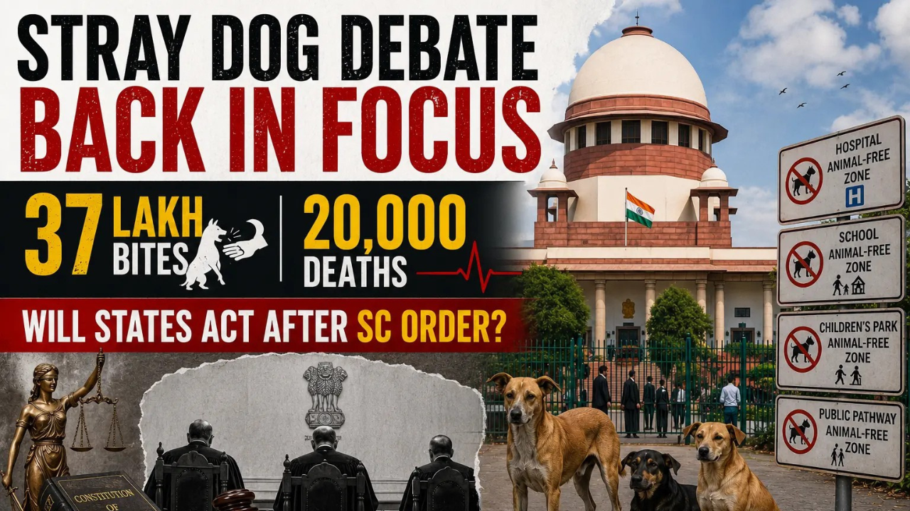 Recreate this according the tittle Stray Dog Debate Back In Focus | 37 Lakh Bites, 20,000 Deaths| Will States Act After SC Order?