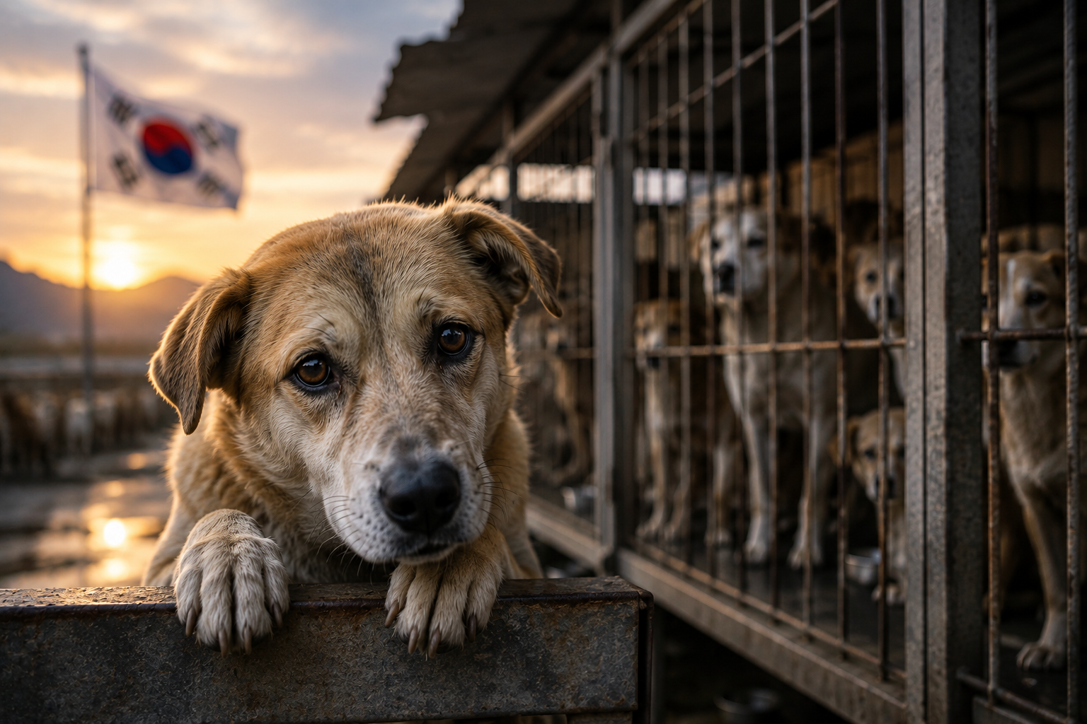 Dog near kennels representing South Korea's dog meat ban and animal welfare transition.